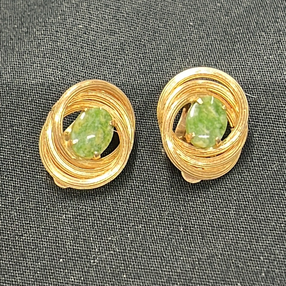 Vintage Gold Filled and Green Swirl Earrings with Gemstone